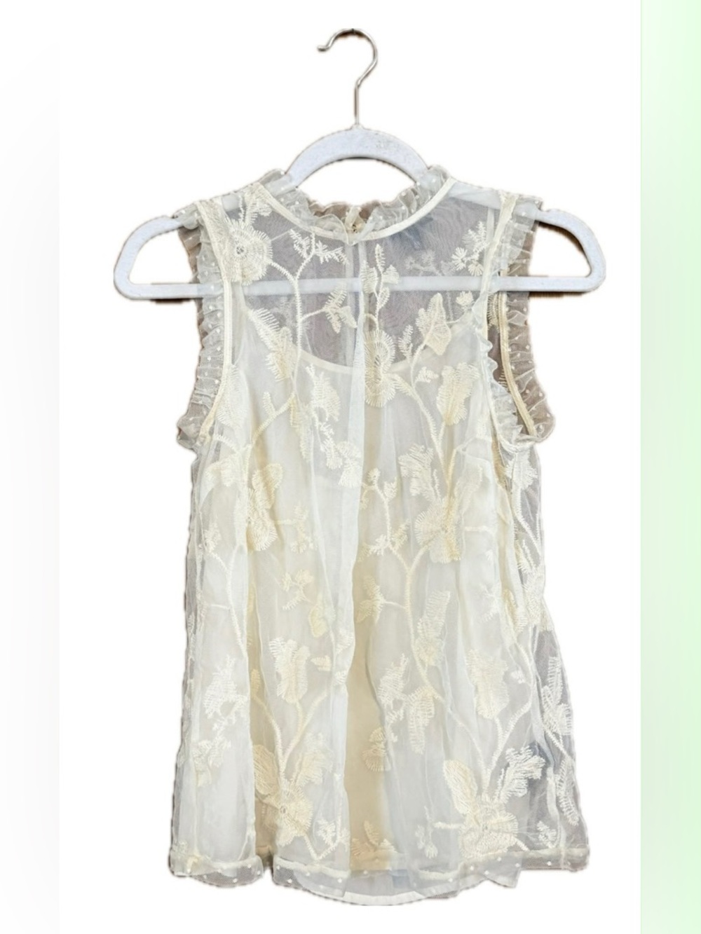 Sheer Lace Floral Sleeveless Top - Cream